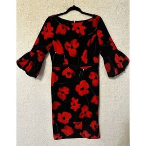 Maggy London Black Midi Dress with Red Floral Print